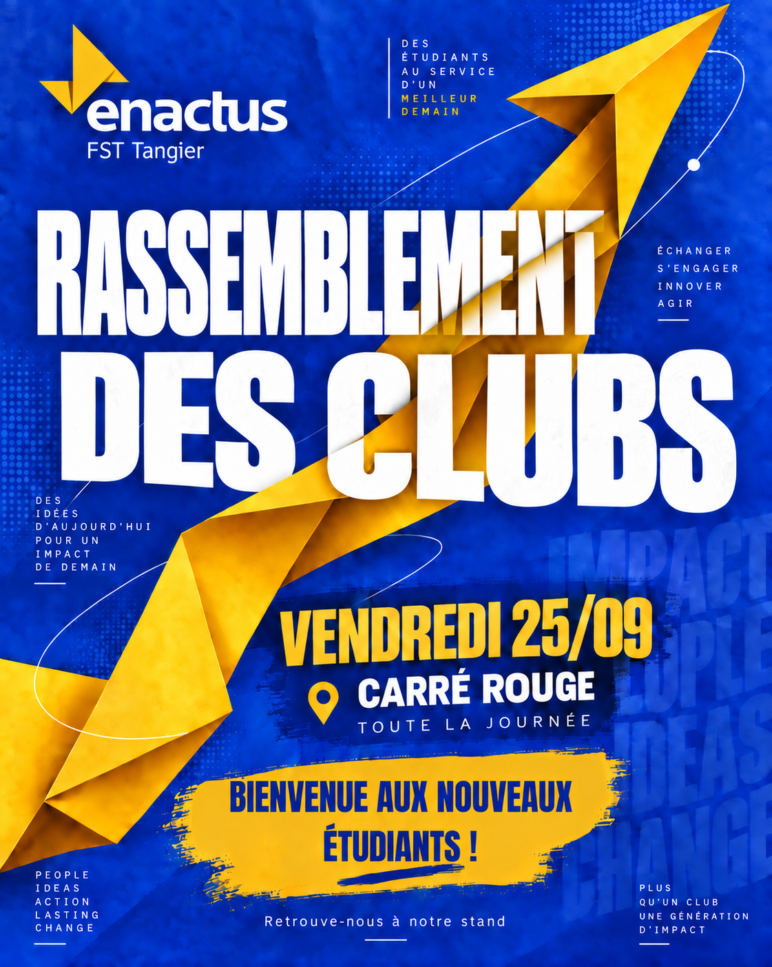 Affiche du Rassemblement des clubs : vendredi 25 septembre, Carré Rouge, toute la journée. Bienvenue aux nouveaux étudiants.